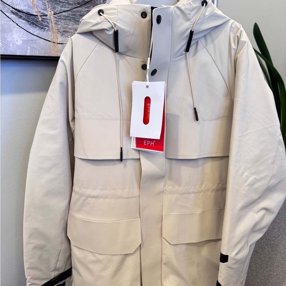Women Duck Down Waterproof Parka Jacket Ivory Beige Magnetic Closure Hooded Coat